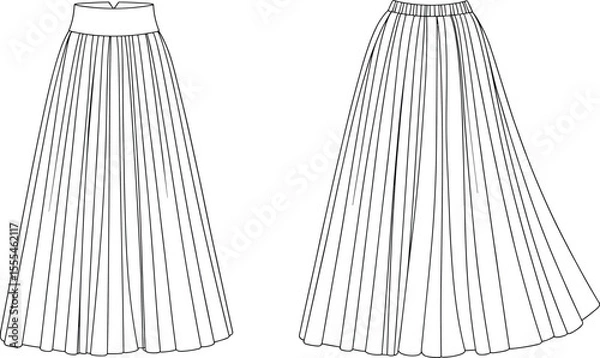 Fototapeta CAD drawing flat vector illustration of pleated long skirt with waistband, front and back view, fashion technical design