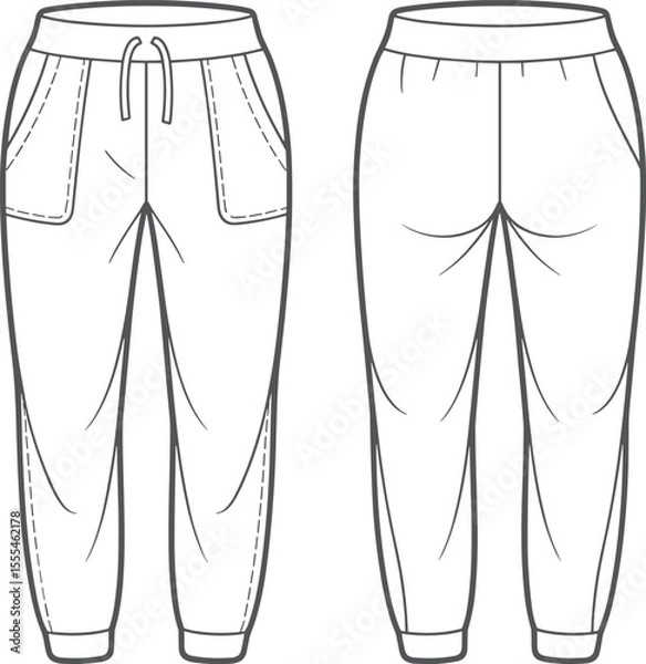 Fototapeta CAD drawing flat vector illustration of jogger pants with wide pockets and waistband, technical sketch for fashion design template