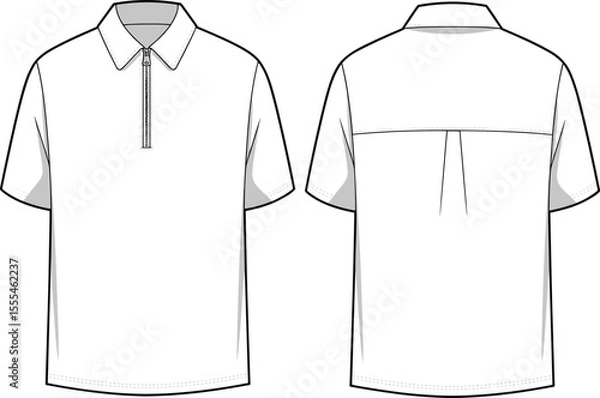 Fototapeta CAD drawing flat vector illustration of half sleeve polo shirt with zipper collar, front and back fashion technical sketch design