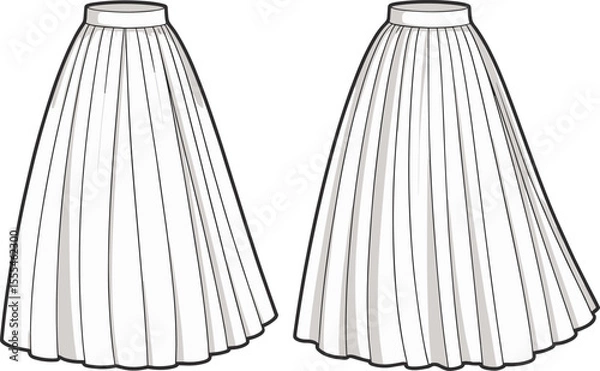 Fototapeta CAD drawing flat vector illustration of pleated flared skirt design with waistband, technical fashion sketch front and back view