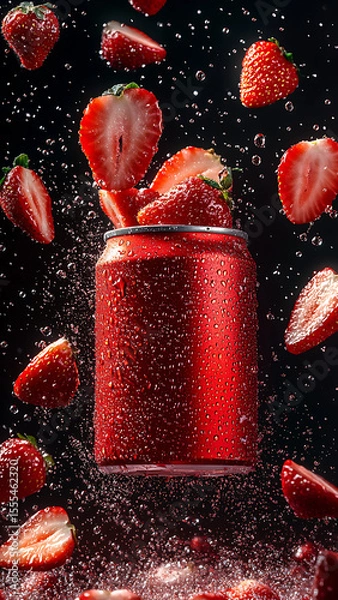 Fototapeta facing camera, sliced fresh strawberries in the air scattered, front on camera shot, can hovering in an abstract vibrant space surrounding the can, wet, them of strawberry colours, thirsty, liquid,