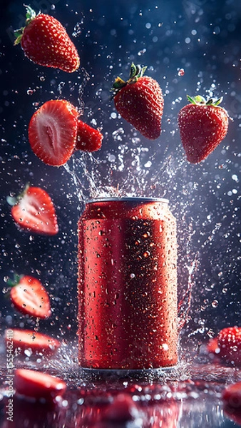 Fototapeta facing camera, sliced fresh strawberries in the air scattered, front on camera shot, can hovering in an abstract vibrant space surrounding the can, wet, them of strawberry colours, thirsty, liquid,