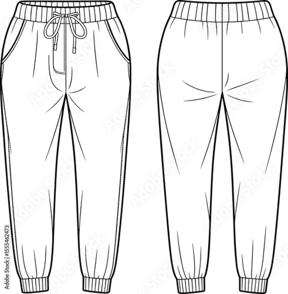 Fototapeta CAD drawing flat vector illustration of jogger pants with pockets and drawstring, fashion technical sketch for casual sportswear design