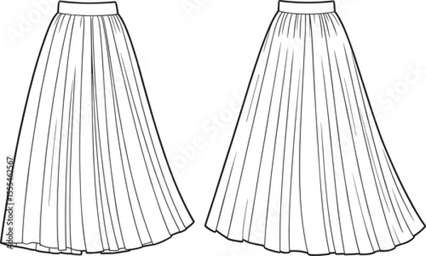 Fototapeta CAD drawing flat vector illustration of elegant long pleated skirt with waistband, technical front and back fashion design sketch