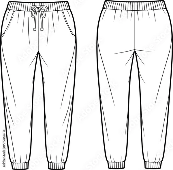 Fototapeta CAD drawing flat vector illustration of jogger pants front and back view, fashion technical sketch for casual activewear design