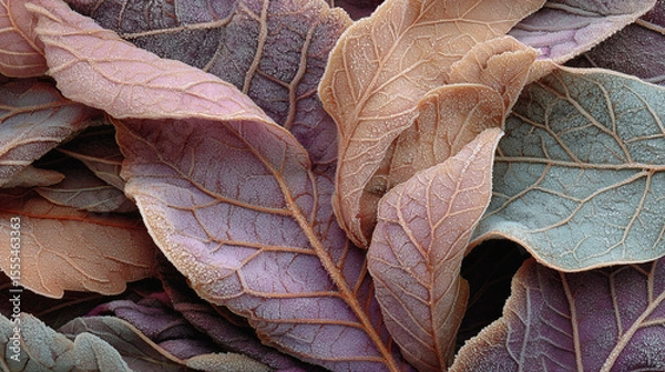 Obraz Frost-Covered Autumn Leaves in Pastel Colors, Background Texture Wallpaper