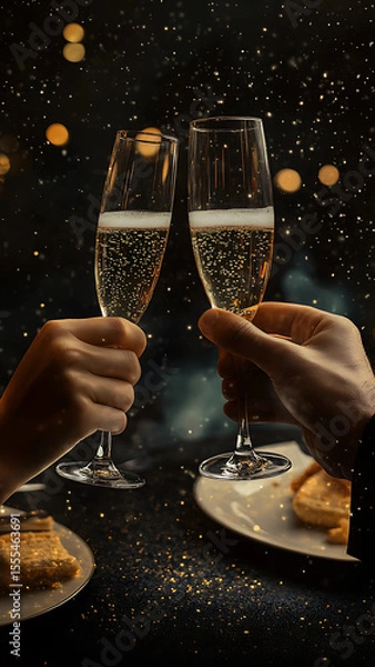 Fototapeta I need a picture that shows male and female hands, 2 people having a delicious dinner with champagne in their hands. In a black and gold style, emphasis on the hands