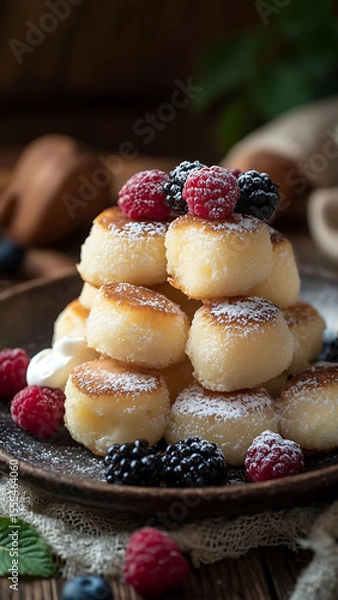 Fototapeta A stack of fluffy Ukrainian syrniki (cheese pancakes) dusted with powdered sugar, served with sour cream and fresh berries on a rustic plate. pancake