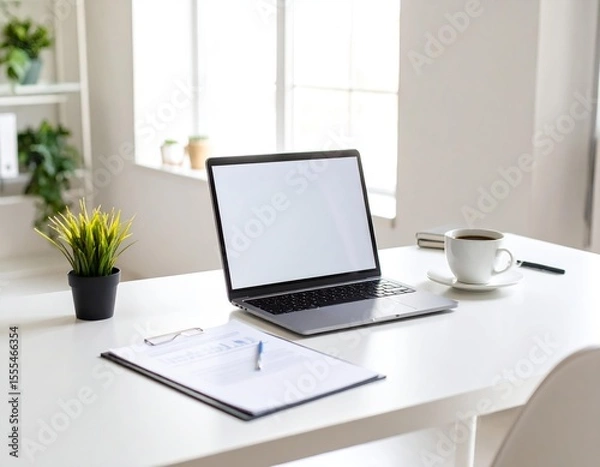 Obraz Sleek minimalist office desk with laptop, notebook, and coffee—ideal for remote work, corporate, and lifestyle projects