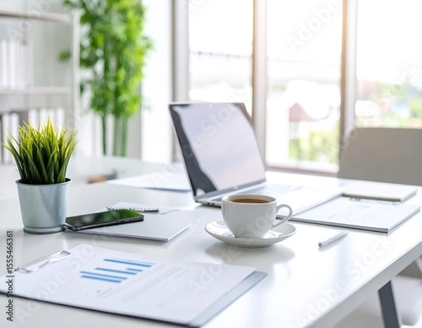 Obraz Clean, bright office desk setup with laptop, coffee cup, documents, and sunlight—perfect for productivity and business themes