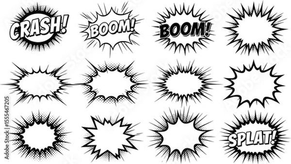 Fototapeta A collection of twelve diverse comic book-style speech bubbles, featuring various shapes and impact words.