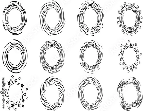 Fototapeta Twelve circular graphic elements with swirling lines and starburst designs, isolated on a white background.