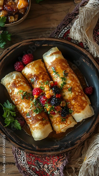 Fototapeta 
A rustic plate filled with Ukrainian nalysnyky (crepes), generously stuffed with sweet cottage cheese and topped with fresh berries and a drizzle of honey, placed on a wooden table with a traditional