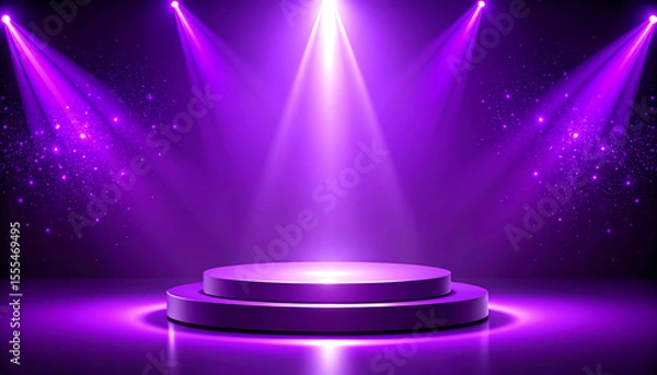 Obraz A vibrant purple stage with spotlight beams and a sparkling background, perfect for performances or events