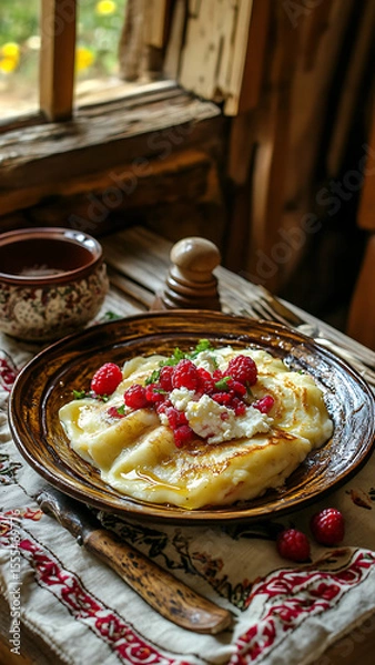 Fototapeta 
A rustic plate filled with Ukrainian nalysnyky (crepes), generously stuffed with sweet cottage cheese and topped with fresh berries and a drizzle of honey, placed on a wooden table with a traditional