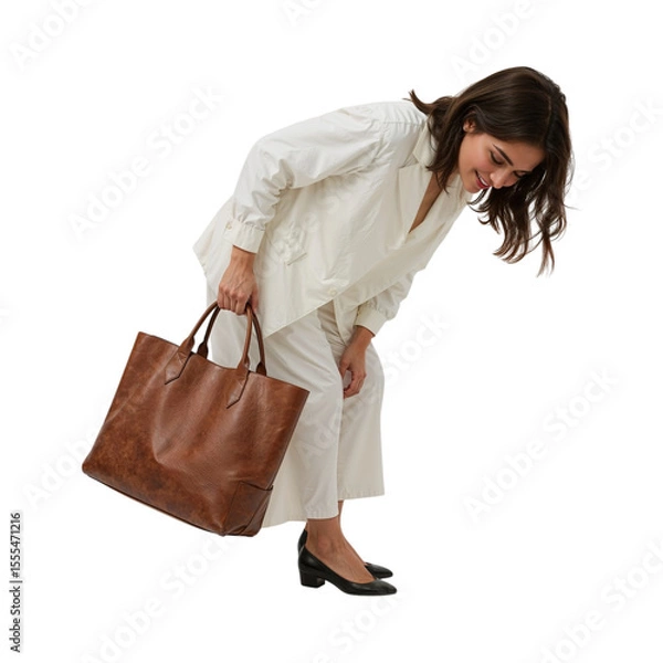 Obraz Woman holding brown leather tote bag isolated on a transparent background image