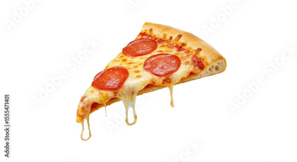 Obraz Template with delicious tasty slice of pepperoni pizza flying on white background. Generative AI. Slice of Pepperoni Pizza with Melting Cheese