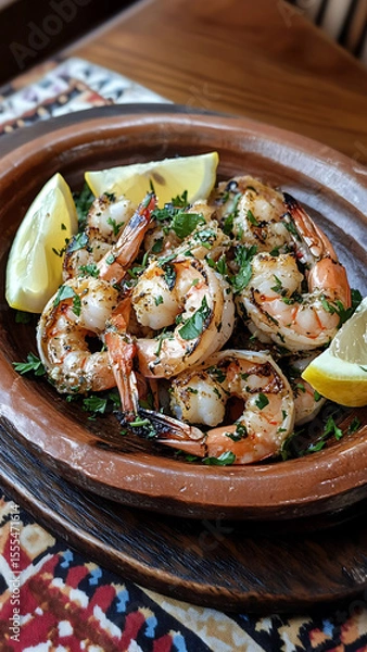 Fototapeta A rustic plate filled with grilled shrimp, seasoned with garlic and herbs, garnished with lemon wedges and fresh parsley, set on a wooden table with a traditional Ukrainian tablecloth.

