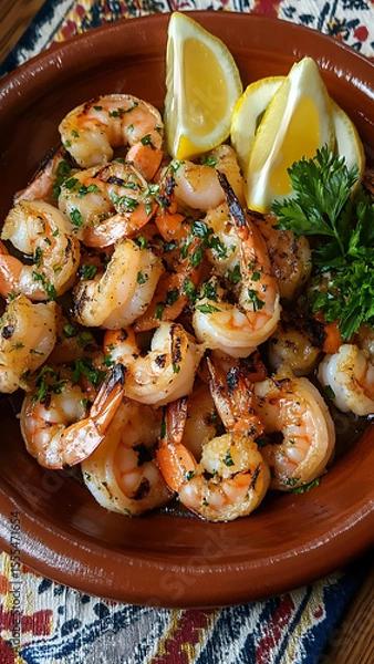 Fototapeta A rustic plate filled with grilled shrimp, seasoned with garlic and herbs, garnished with lemon wedges and fresh parsley, set on a wooden table with a traditional Ukrainian tablecloth.

