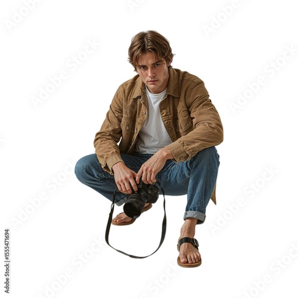 Obraz Young man holding camera wearing denim jeans and brown jacket isolated on a transparent background