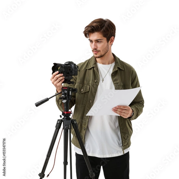 Obraz Young man holding paper and operating camera on tripod isolated on a transparent background