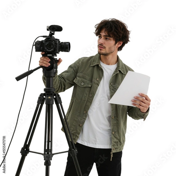 Obraz Young man holding paper near camera on tripod isolated on a transparent background