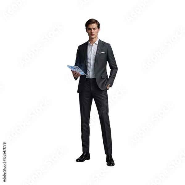 Obraz Young man in dark suit holding digital tablet isolated on a transparent background