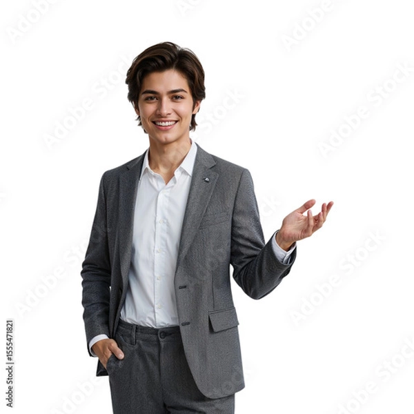 Obraz Young man in grey suit and white shirt smiling and gesturing isolated on a transparent background