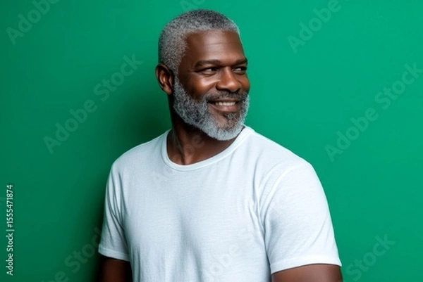Fototapeta A strong and confident man with an engaging smile. A confident man making a stylish impression. A happy man in a studio photo. A man with expressive eyes and a joyful gaze.