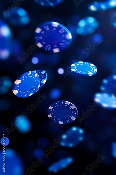 Fototapeta Floating blue casino chips against a blurred dark background, creating a dynamic gaming atmosphere