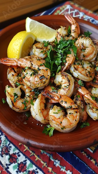 Fototapeta A rustic plate filled with grilled shrimp, seasoned with garlic and herbs, garnished with lemon wedges and fresh parsley, set on a wooden table with a traditional Ukrainian tablecloth.

