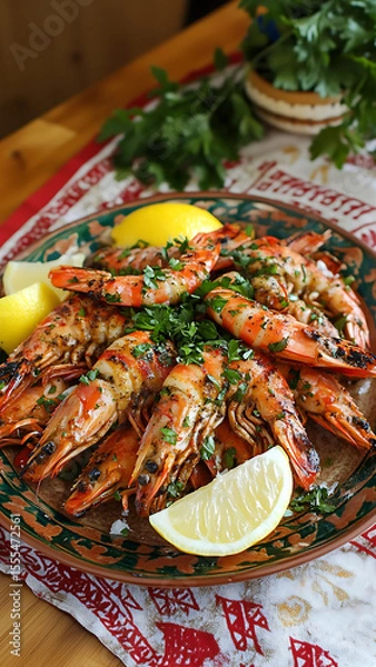 Fototapeta A rustic plate filled with grilled shrimp, seasoned with garlic and herbs, garnished with lemon wedges and fresh parsley, set on a wooden table with a traditional Ukrainian tablecloth.

