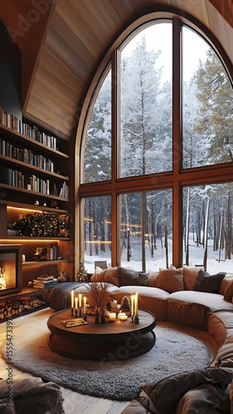 Fototapeta Cozy cabin interior with large windows, arched roof, and a fireplace in the corner of the room. A sofa is surrounded by bookshelves, and a large, round coffee table with candles sits in the center.