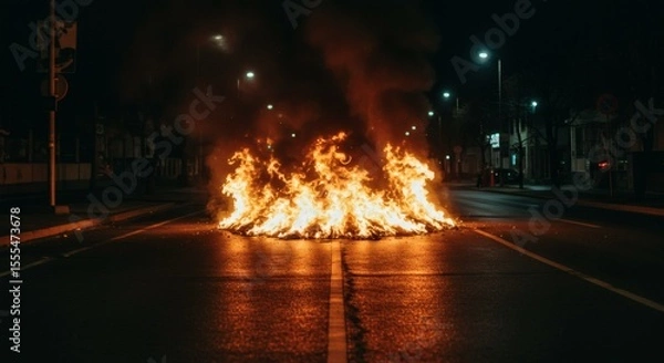 Obraz A large fire burns in the middle of a street at night, with smoke rising into the dark sky.