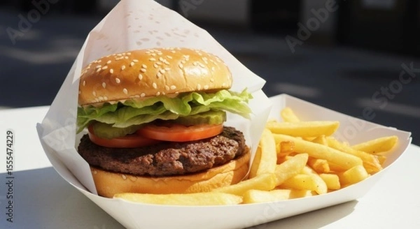 Obraz A delicious burger with fries, presented in a paper container, ready to eat.