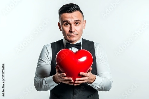 Fototapeta Isolated white midlife man on pure white background with lollipop heart in hands.  Professional studio image, copy space.  Cute Valentine's Day greeting.