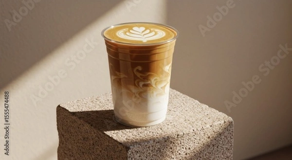Obraz A latte art coffee drink in a clear cup, displayed on a light beige cube.