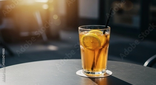 Obraz A refreshing glass of iced tea with lemon slices, outdoors.