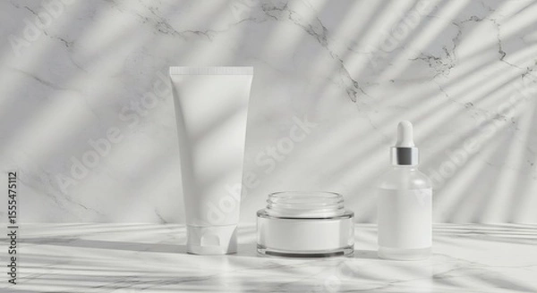 Obraz Three white cosmetic containers, a tube, jar, and dropper bottle, are displayed against a marble background with leaf shadows.