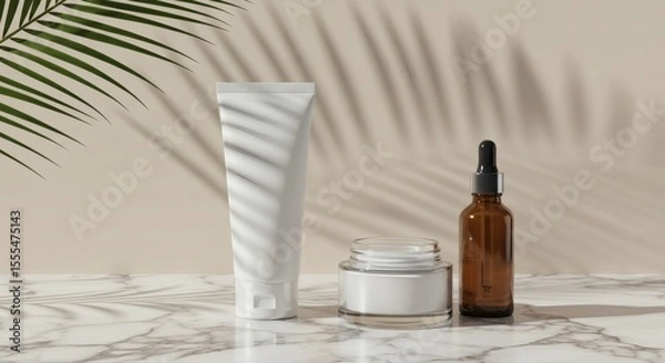 Obraz White tubes and jars of skincare products on a marble surface, with palm leaf shadows.