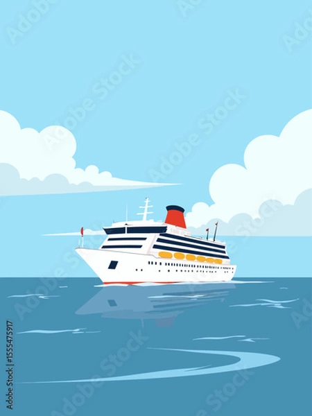 Obraz cruise ship on calm water, with a clear sky and clouds in the background