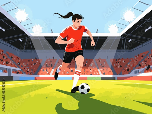 Obraz A soccer player jogging with a ball on the field in a stadium