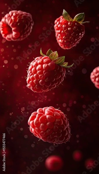 Fototapeta Raspberries in motion against a dark background.  Possible use food photography