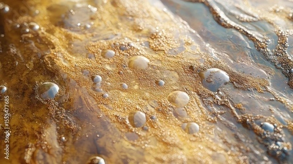 Fototapeta Oil bubbles on water with color shimmer abstract layer and surface lightplay perfect for pollution or creative visuals