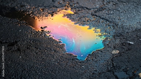 Fototapeta Oil slick on pavement with rainbow shimmer wet surface and gritty texture perfect for pollution beauty or abstract content