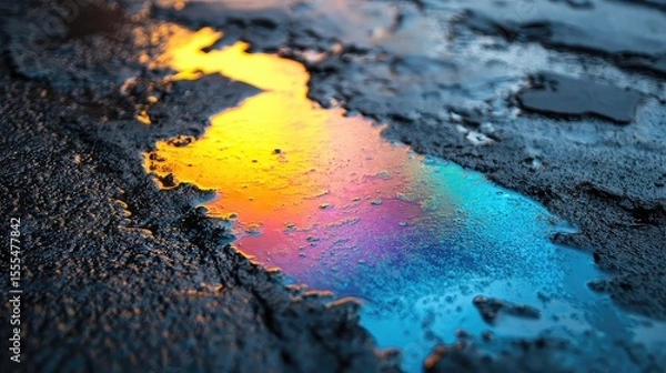Fototapeta Oil slick on pavement with rainbow shimmer wet surface and gritty texture perfect for pollution beauty or abstract content