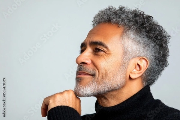 Fototapeta A cheerful and glowing gentleman with a relaxed demeanor. A happy man in a studio photo. A peaceful and radiant male in a confident pose. A charming and elegant man exuding positivity.
