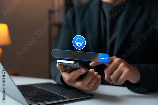 Fototapeta smart AI assistant for digital business, businessman interacting with a virtual chatbot interface on smartphone, representing futuristic technology and automation in modern work environments.