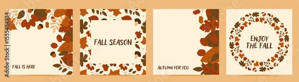 Fototapeta Set of cards with autumn design. Flat fall elements berries, leaves, acorn and more and text. Vector illustration
