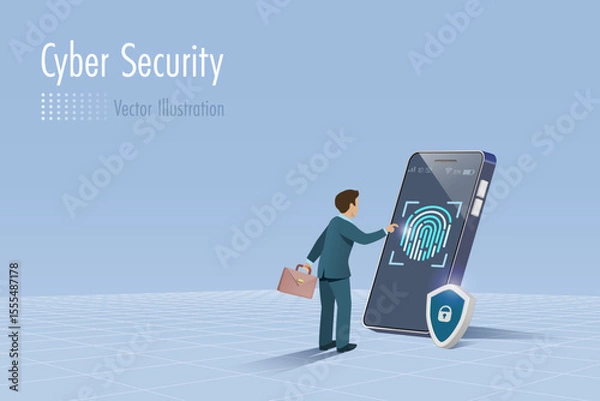 Fototapeta Businessman use fingerprint scanning to access to business and financial data networking on smartphone. Biometric security and online digital technology.